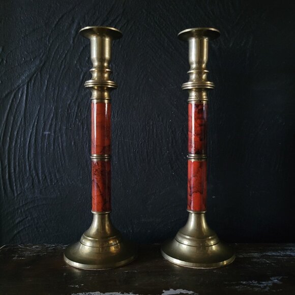 Pair of Vintage Brass & Enamel Candlesticks / Candle Holders *Read - Picture 1 of 5